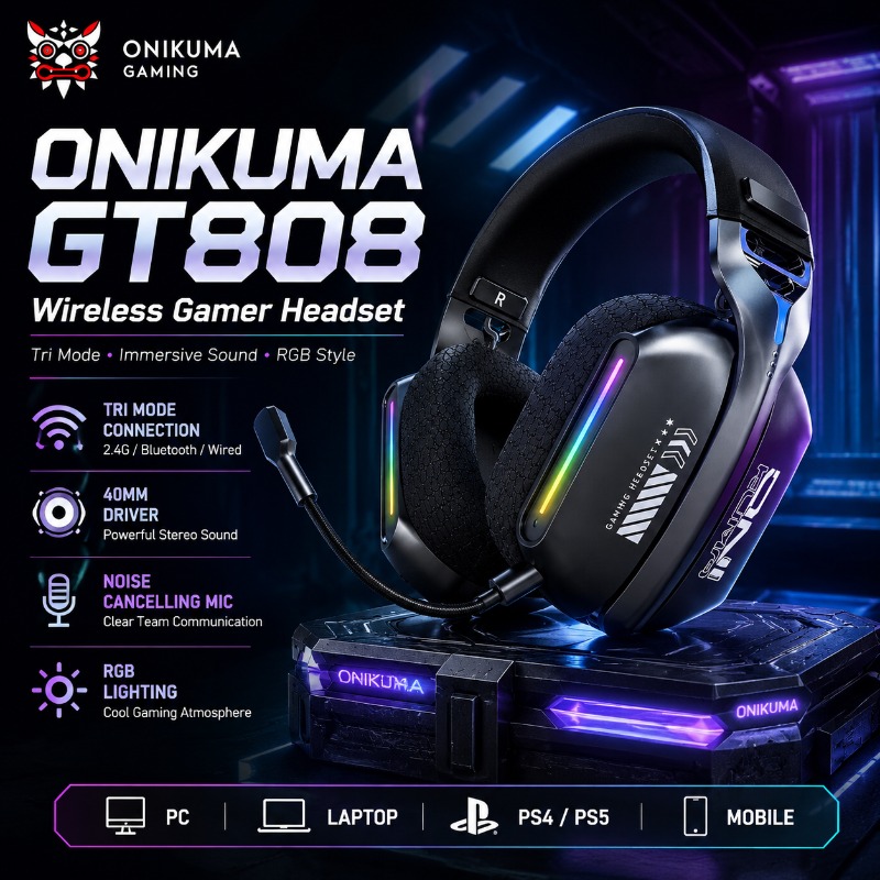 Gaming Headset With Mic Rgb - Беспроводная игровая гарнитура ONIKUMA GT808, трехрежимная,