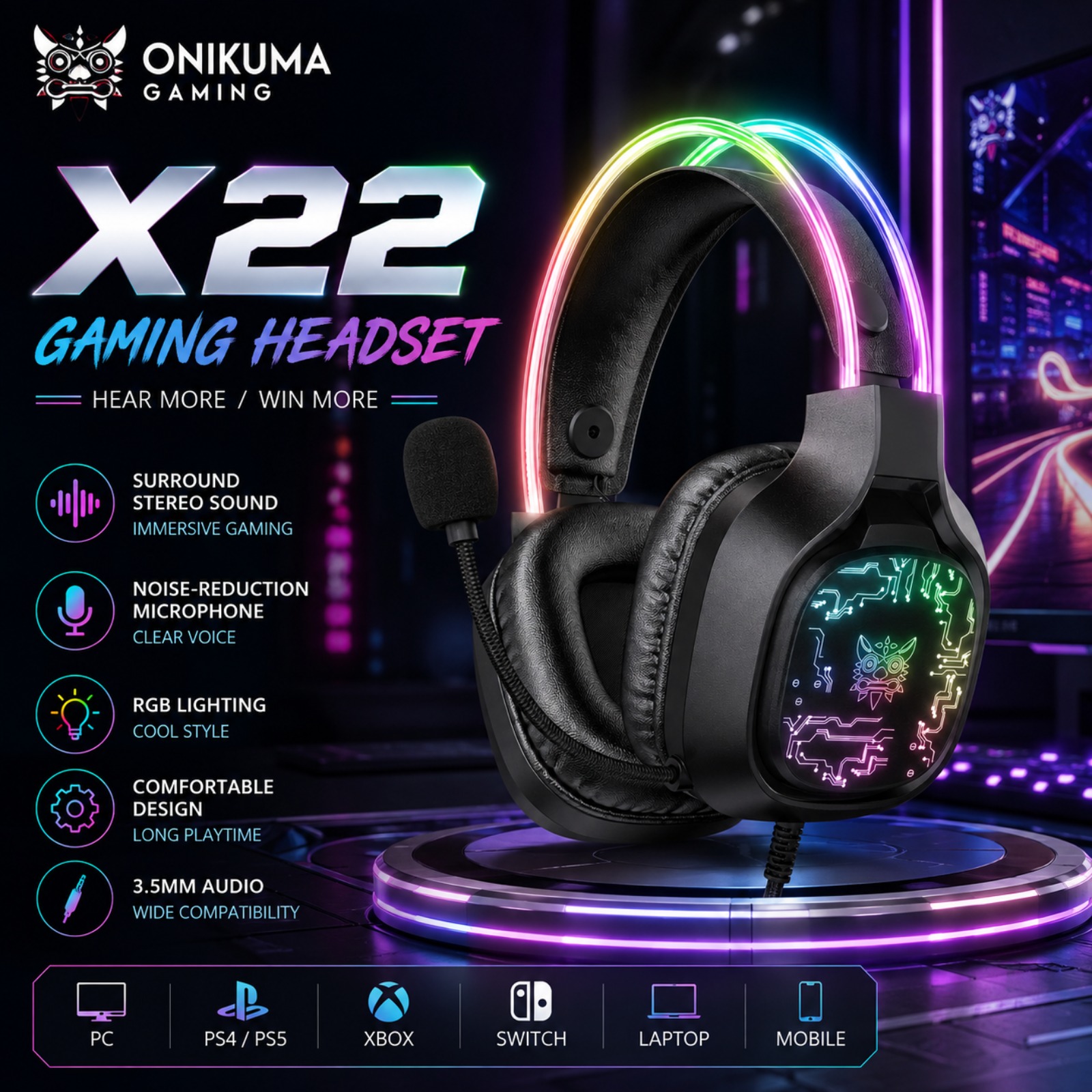 Gaming Headset With Mic Rgb - Игровая проводная гарнитура ONIKUMA X22 с
