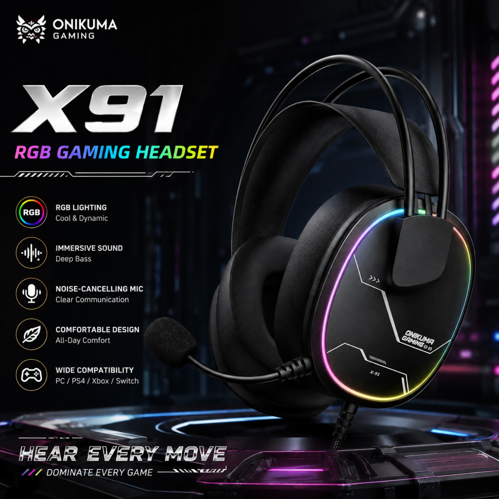 Gaming Headset With Mic Rgb - Проводная игровая гарнитура ONIKUMA X91 с